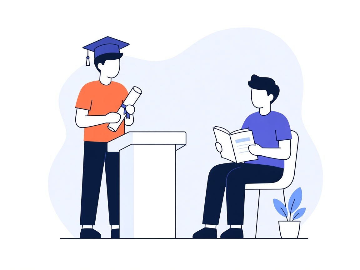 A graduate in a cap speaking at a lectern while a classmate holds a program