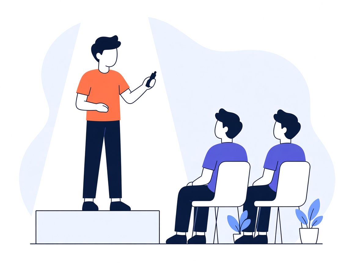 A keynote speaker on a spotlighted stage while two people listen from the audience